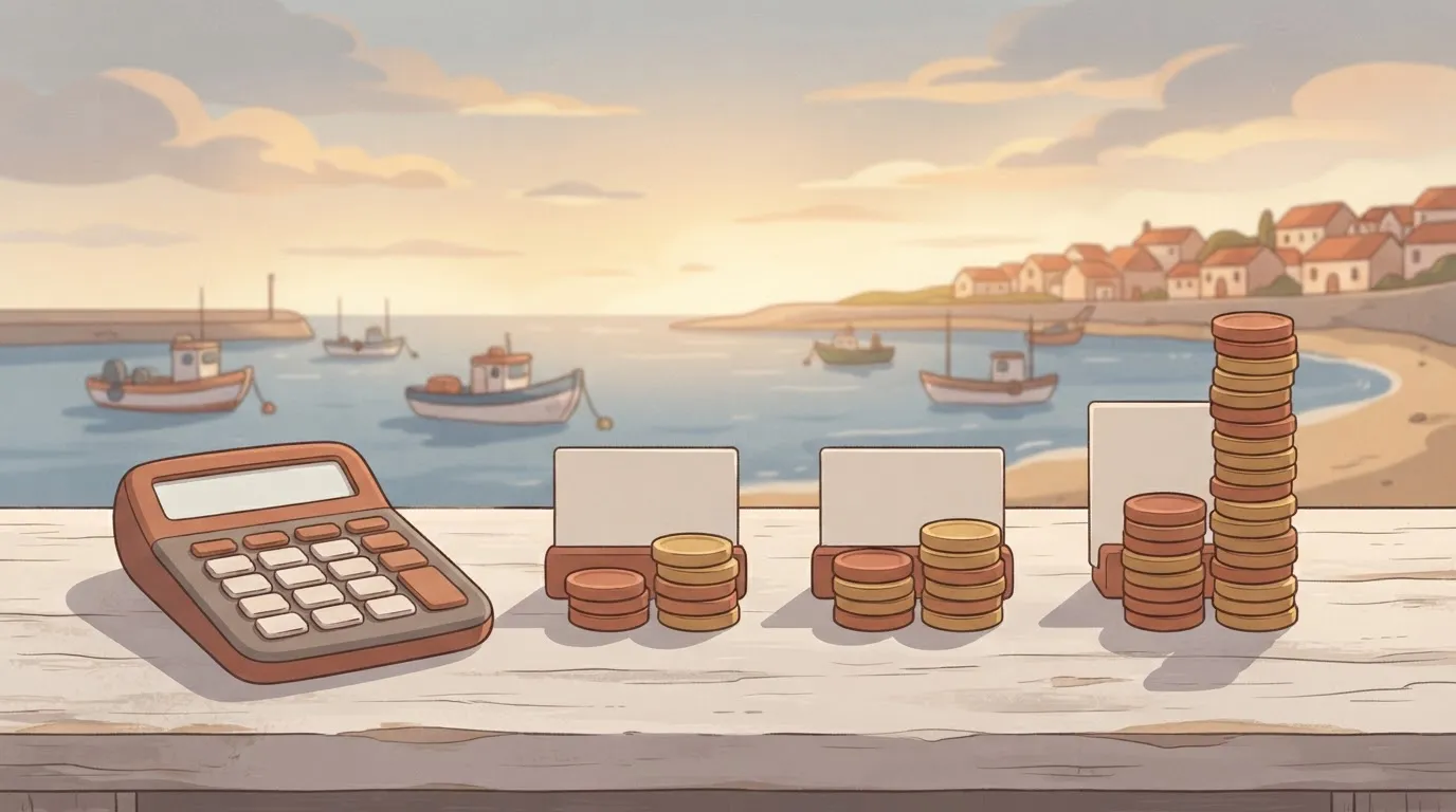 Three price cards each with a stack of task tokens and a calculator