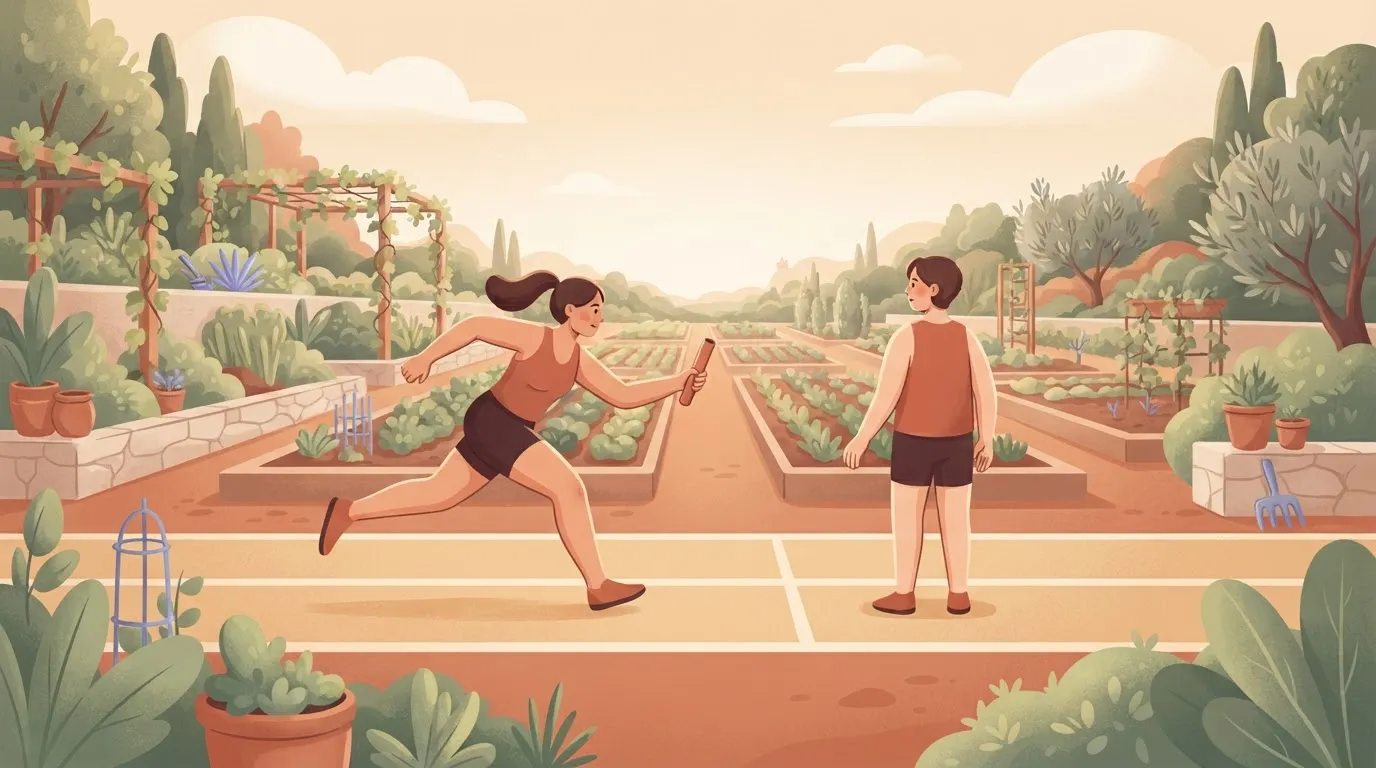 A runner sprinting across a track, about to pass a baton, but the next runner is facing the wrong way and looking at a…