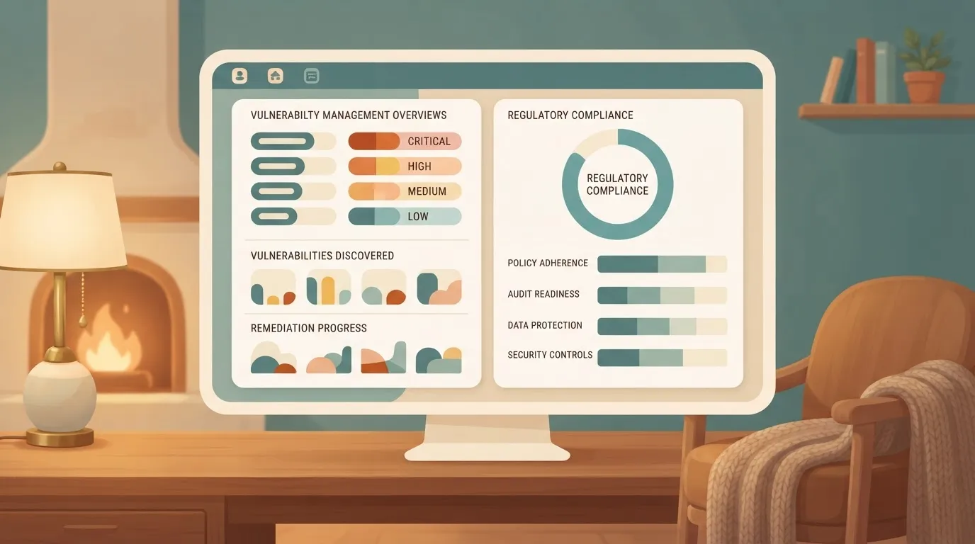A digital dashboard displaying a vulnerability management interface and a compliance dashboard, featuring several small…