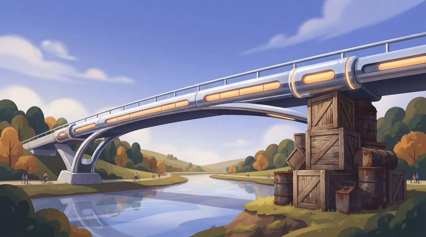 A sleek, modern chrome bridge where one end is supported by a stack of old, weathered wooden crates and rusted iron barrels.
