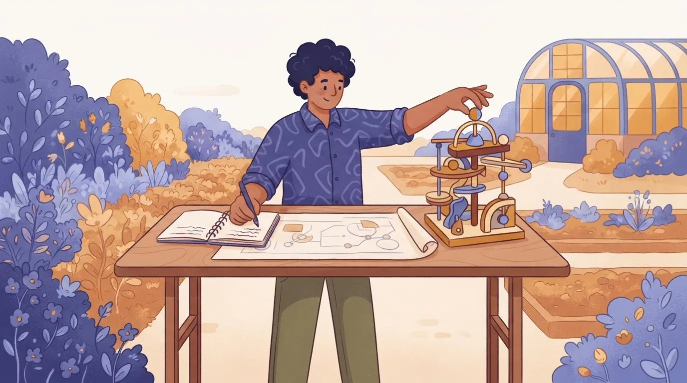 A person standing at a drafting table; with one hand they are writing in a notebook, while their other hand is…