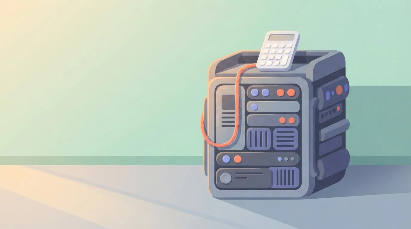 A small, simple calculator sitting on top of a massive, ornate computer server, with a wire running from the server down…