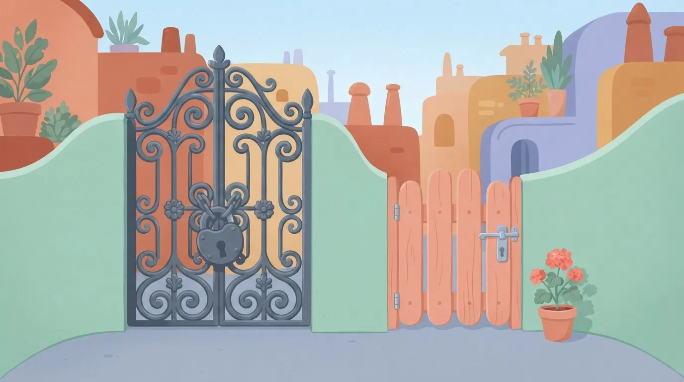 A heavy, ornate iron gate with a massive padlock.