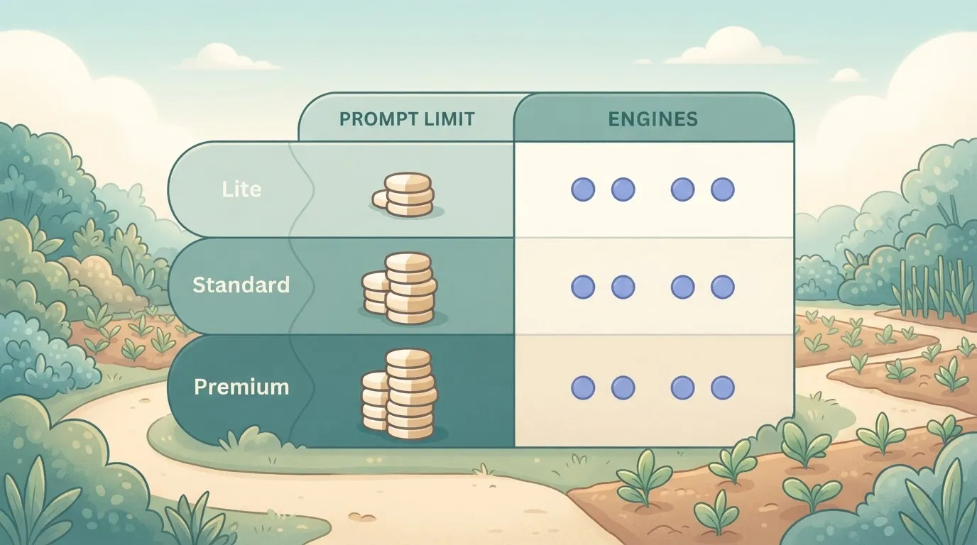 Three-tier pricing table with growing prompt stacks and four engine dots