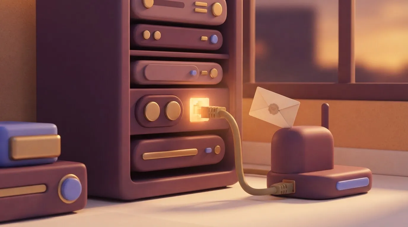 A server rack with a glowing ethernet port receiving a small envelope-shaped card representing an HTTP request from a…