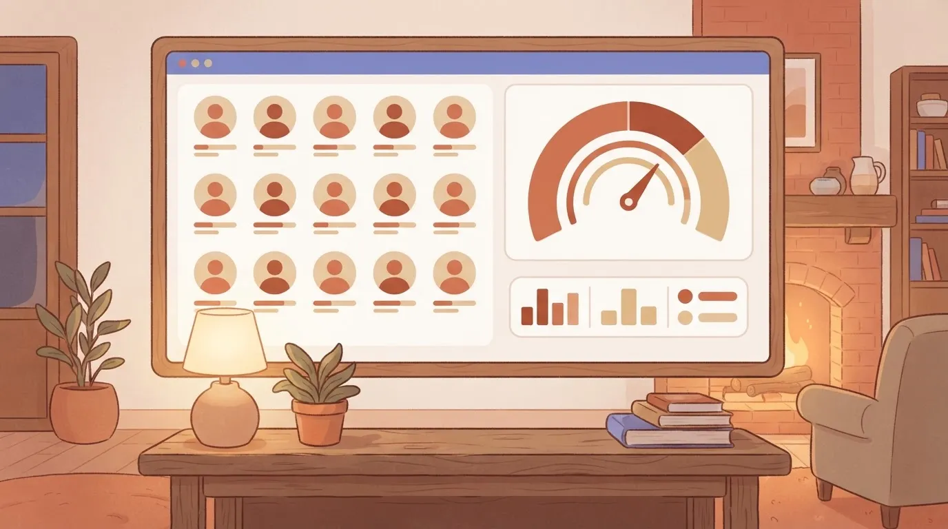 A wide administrative dashboard displayed on a screen, showing a grid of user profiles and a circular gauge representing…