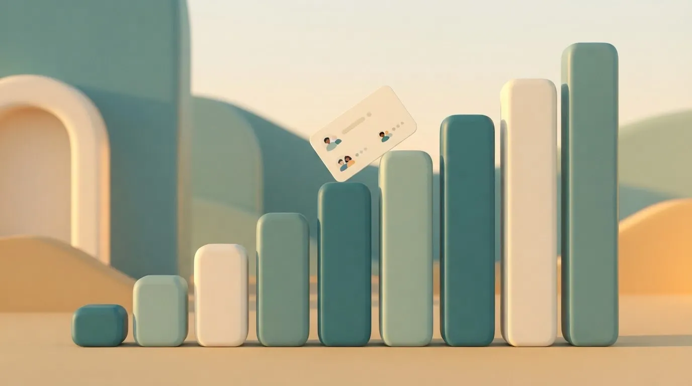 A staircase-shaped step chart of contact brackets, each step a taller bar, with a mailing list card of contacts sitting…