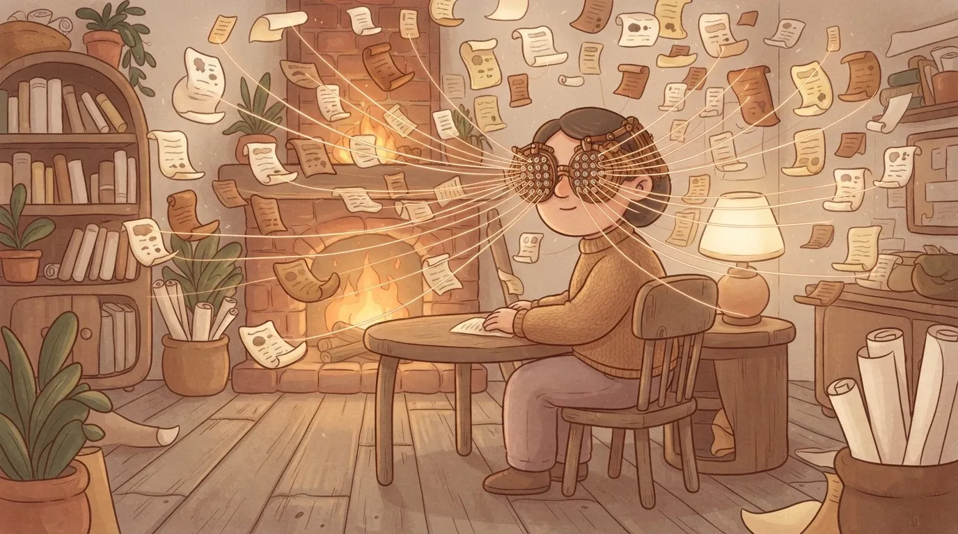 Draw a person wearing a pair of glasses with hundreds of tiny lenses.