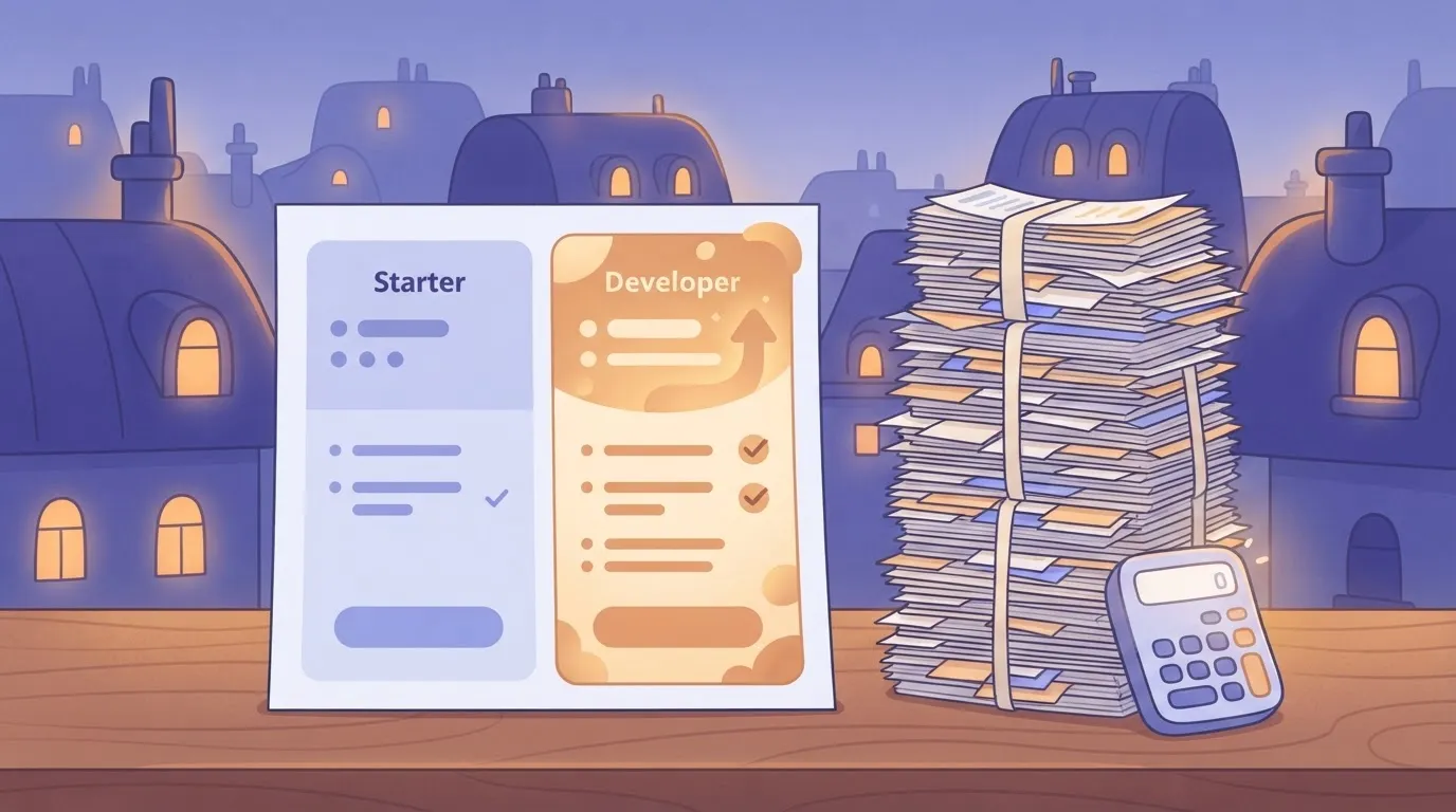 Pricing plan columns next to a stack of search slips and calculator