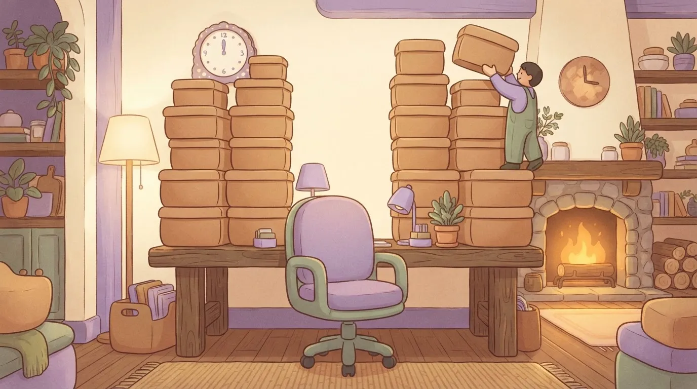 A single office chair sitting at a desk that is stacked with two massive, identical piles of boxes.