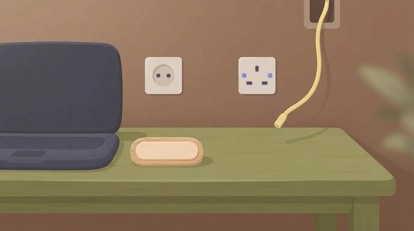 Dark laptop on a desk, two sockets on the wall with no cable linking them