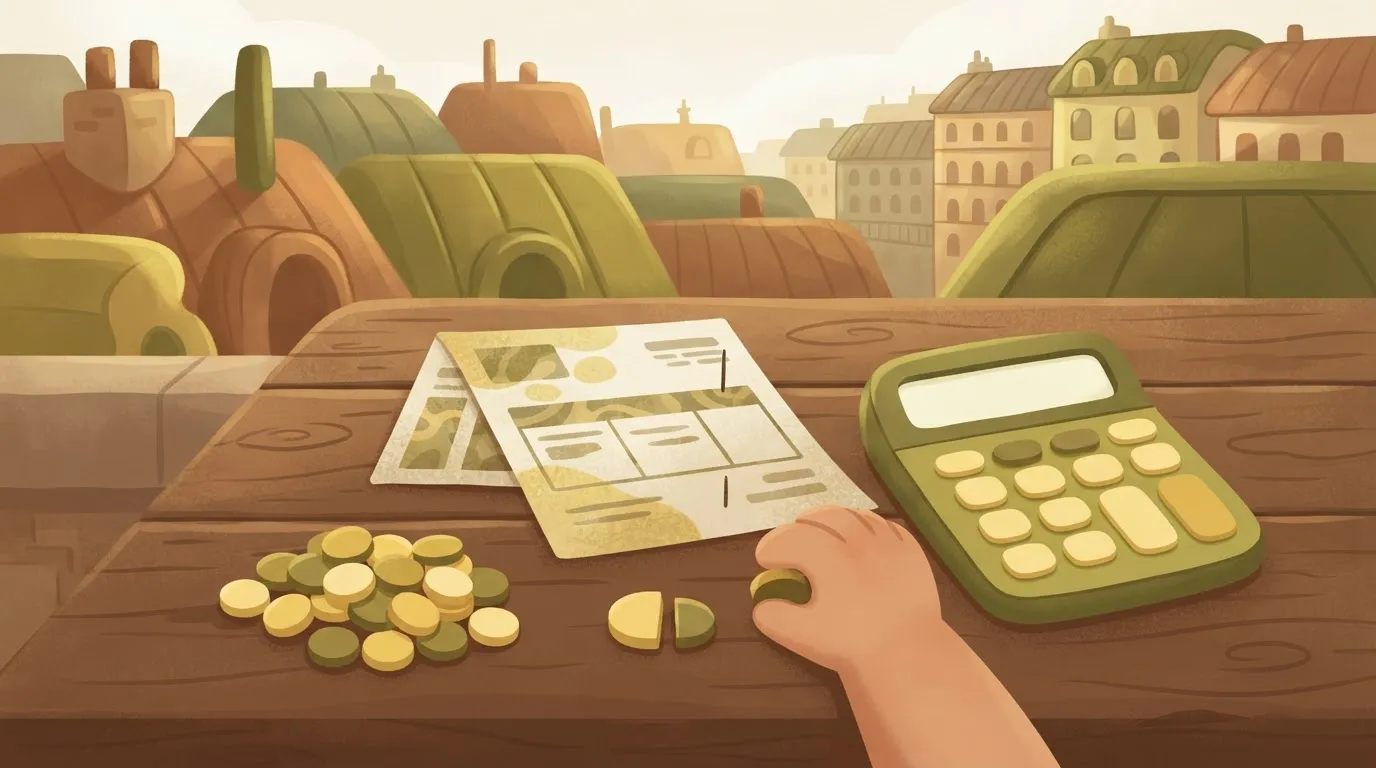 Invoice, calculator and two piles of credit tokens