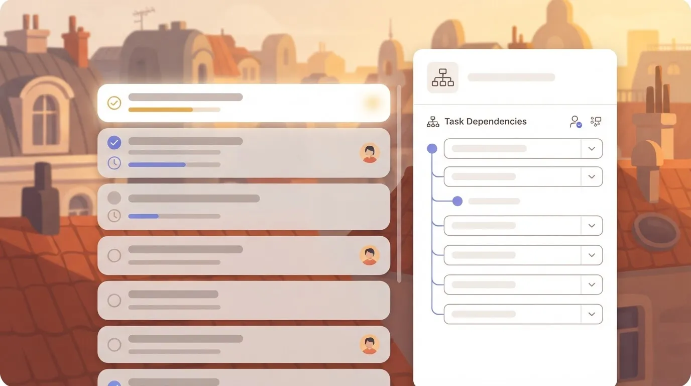 A project management tool interface showing a list of tasks, with a specific sidebar panel open displaying 'Task…