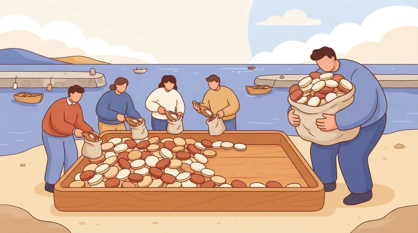 One shared pool of credit tokens in a tray, with four developers taking a small scoop each and a fifth developer holding a…