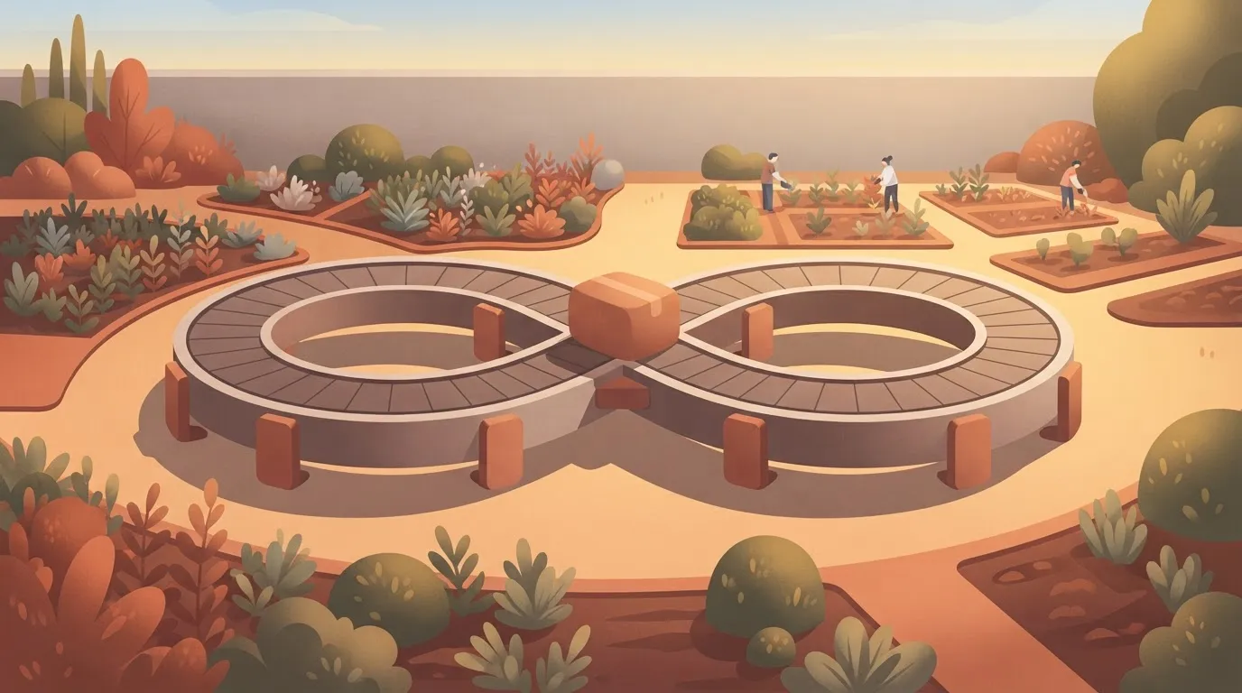 A drawing of two identical automated conveyor belts arranged in a circle, where each belt is continuously feeding the same…