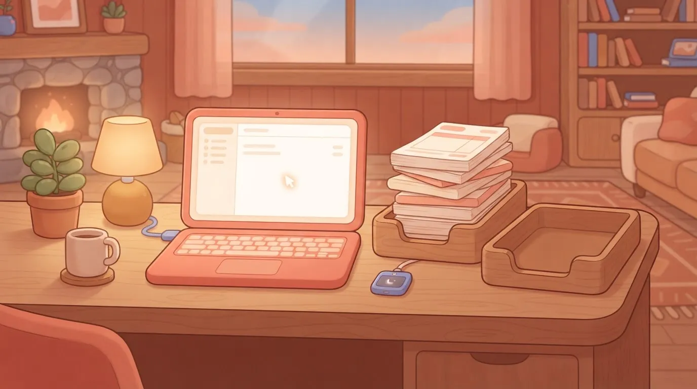 A laptop open on a desk beside an outbox tray stacked full of paper invoices and an empty sent tray next to it, the laptop…