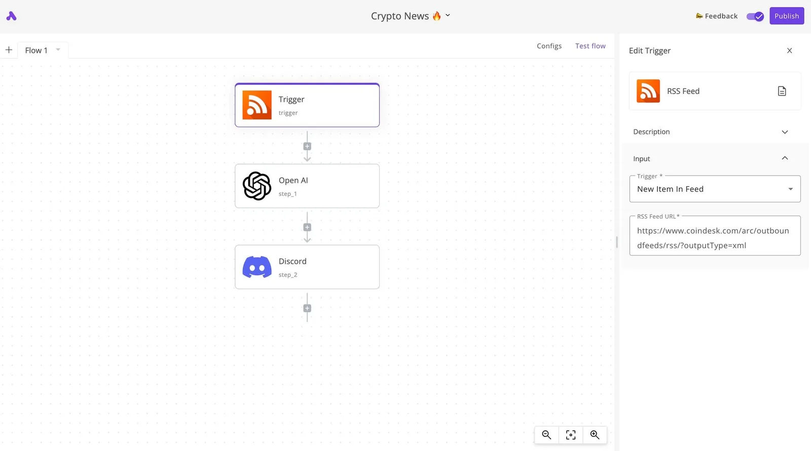 Activepieces workflow showing an RSS Feed trigger connected to OpenAI and Discord steps with trigger configuration panel…