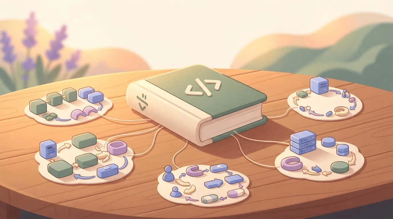 A central TypeScript-based library represented by a thick binder with a code-symbol on the spine, with several thin lines…