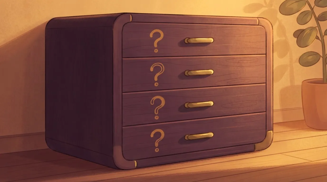 A wooden file cabinet where every drawer is labeled with a hand-drawn, wobbly question mark.