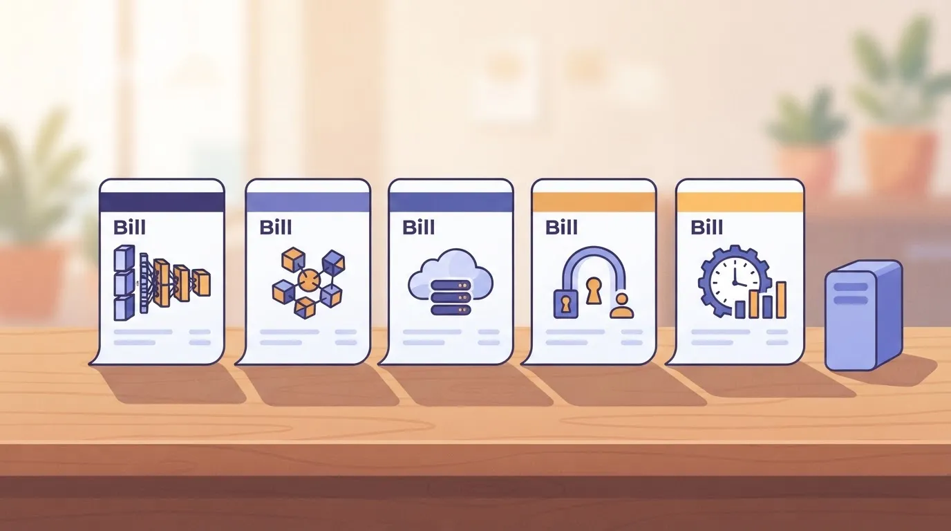 Five separate bills beside a server