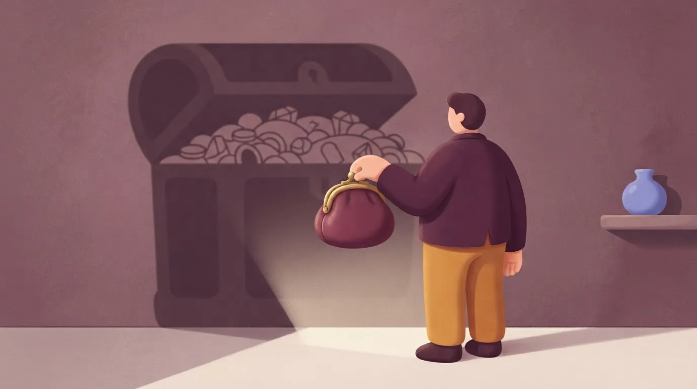 A person holding a small, palm-sized coin purse that is surprisingly heavy, casting the shadow of a massive, overflowing…