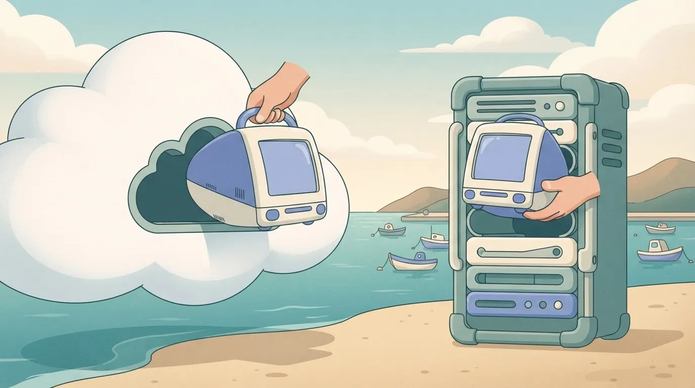 A small desktop computer with a handle on top like a briefcase, being lifted easily out of a cloud-shaped slot and placed…