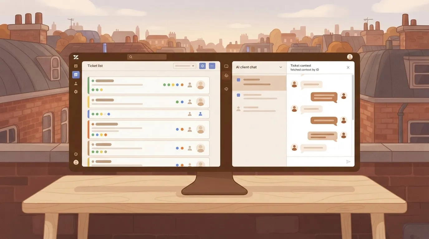 AI client chat listing recent Zendesk tickets next to the ticket list