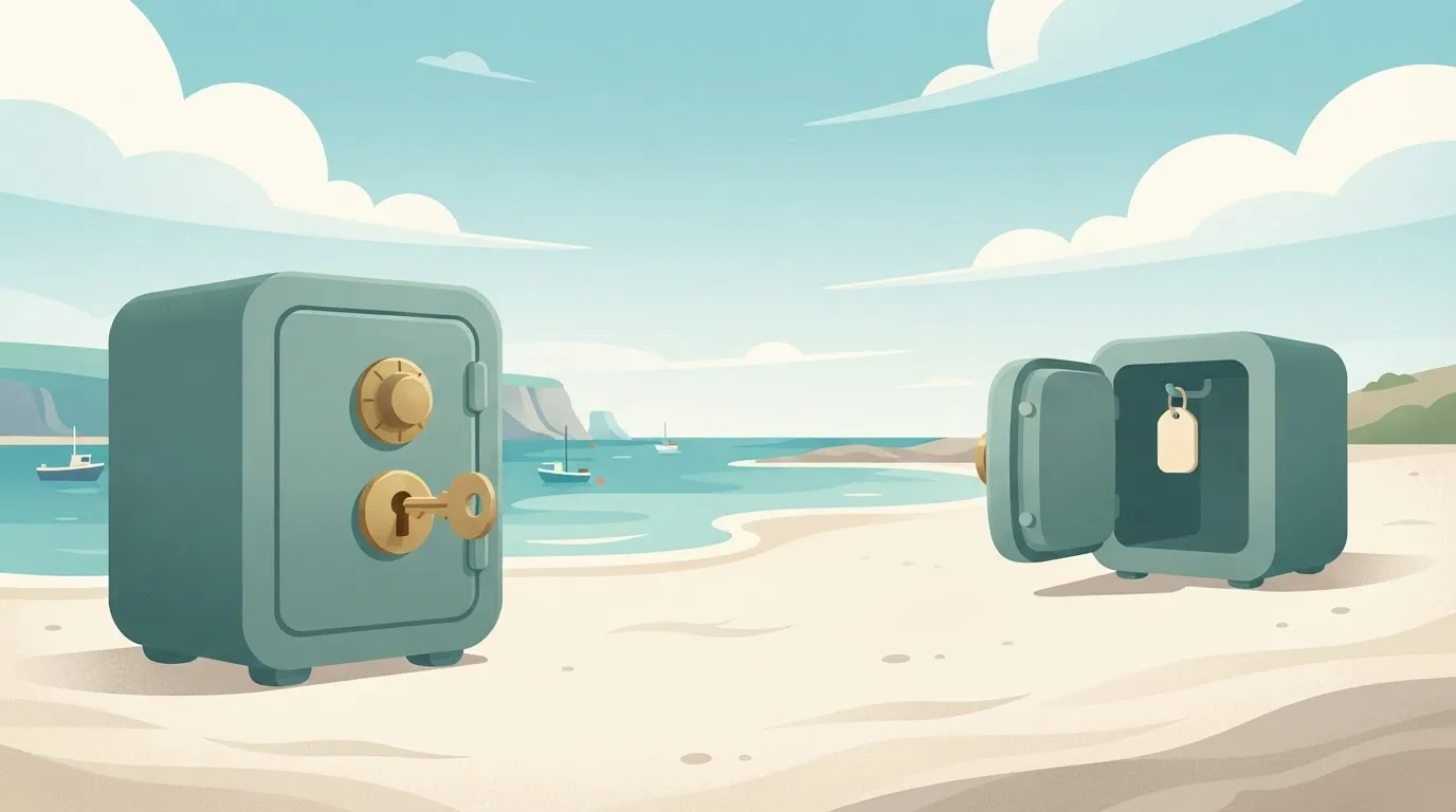 Two separate safes standing apart.