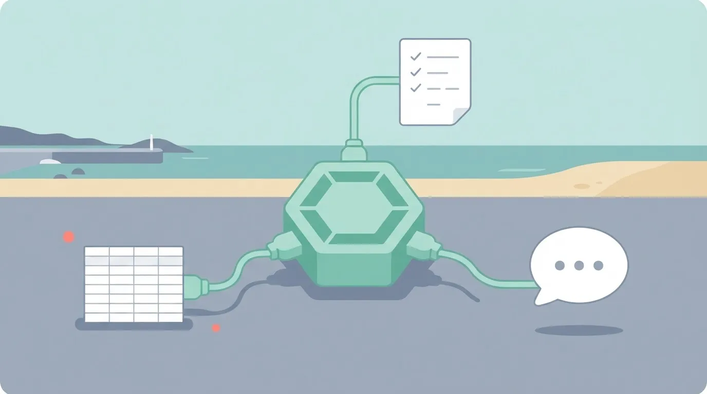 A central hexagon with three distinct power cords extending from it, each plugged into a different standalone object: a…