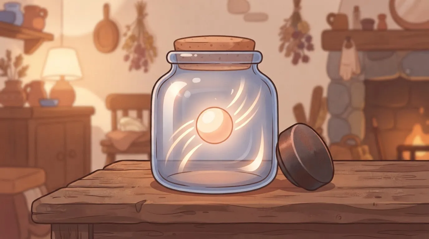 A thick glass jar containing a small, glowing sphere; the sphere is emitting light that hits the glass and reflects back…