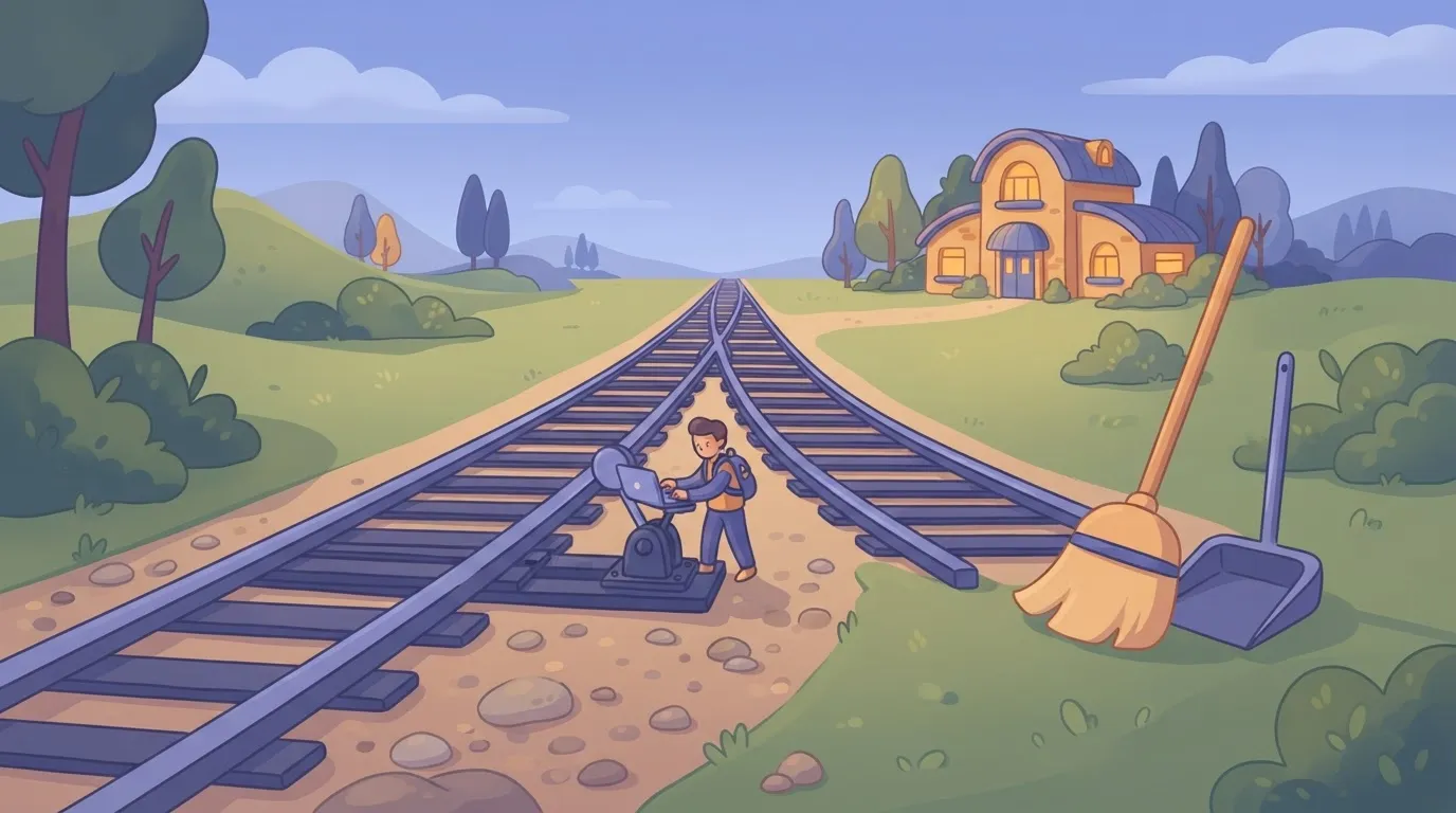 A track forking, one branch to a broom and dustpan, one onward