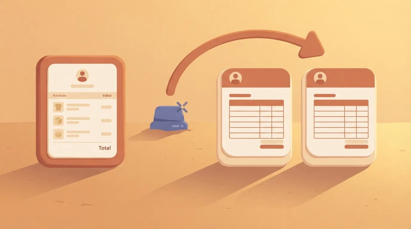 A Shopify order record beside two identical QuickBooks invoices, with a retry arrow looping from a timed-out request back…