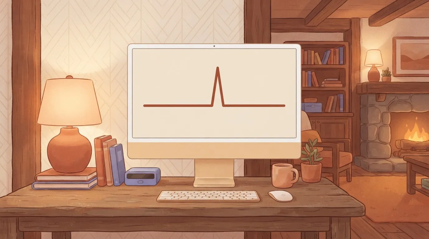 A computer monitor displays a status page showing a simple line graph with a sudden, sharp upward spike in the middle of a…