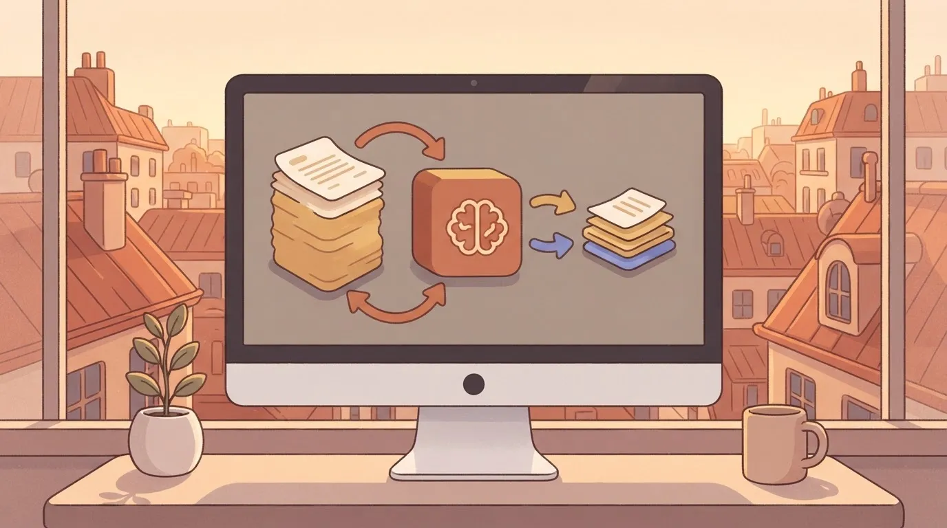 A computer monitor displaying a workflow diagram where a box labeled with a generic AI icon is processing a stack of legal…