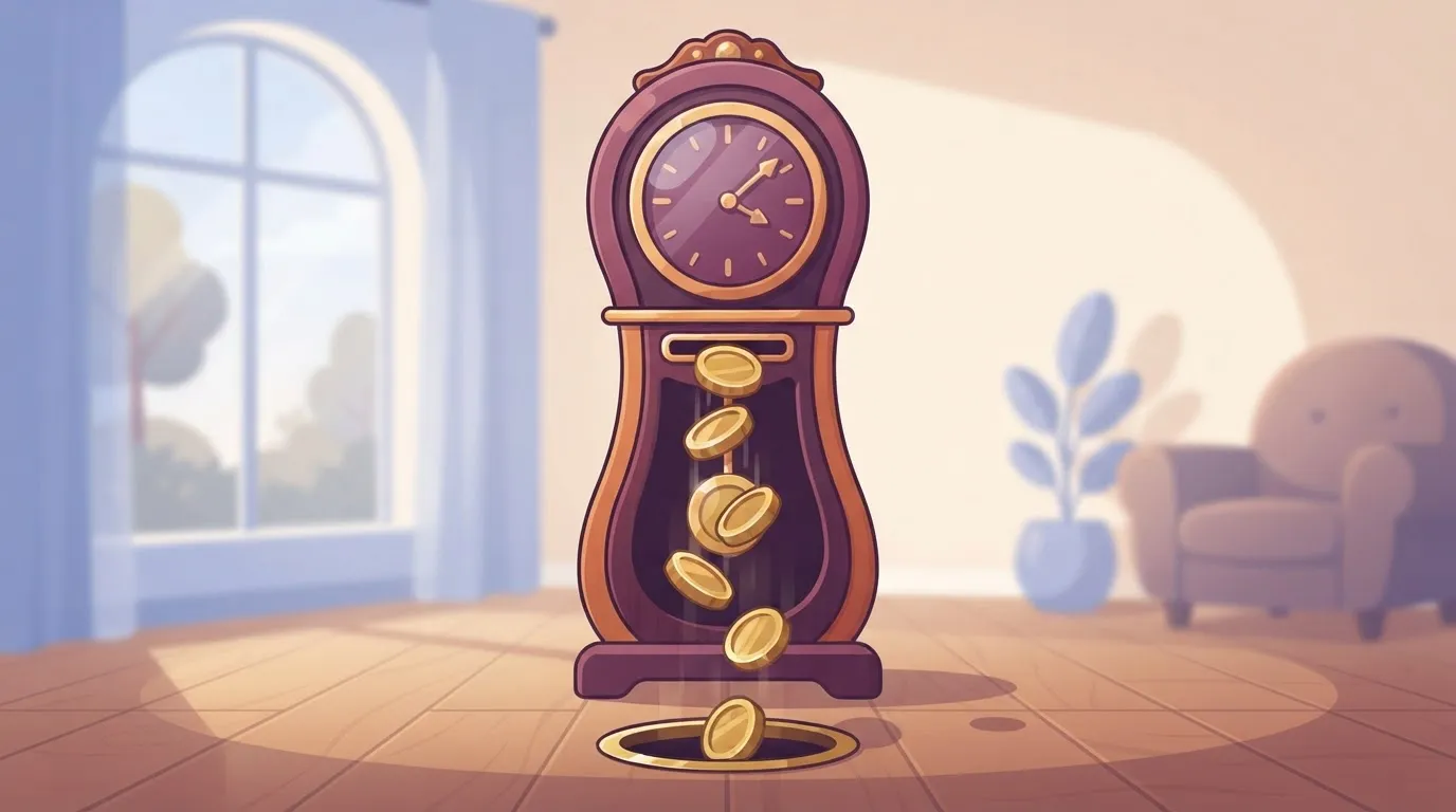 A large, ornate grandfather clock where the minute hand is moving normally, but for every small movement of the hand, a…
