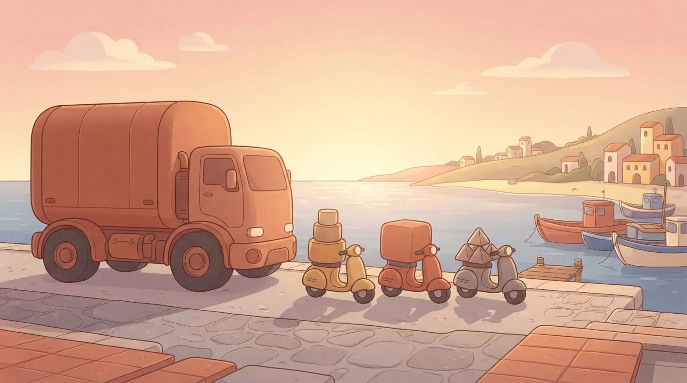A single, massive heavy-duty truck parked next to a fleet of three small, specialized delivery scooters, each carrying a…