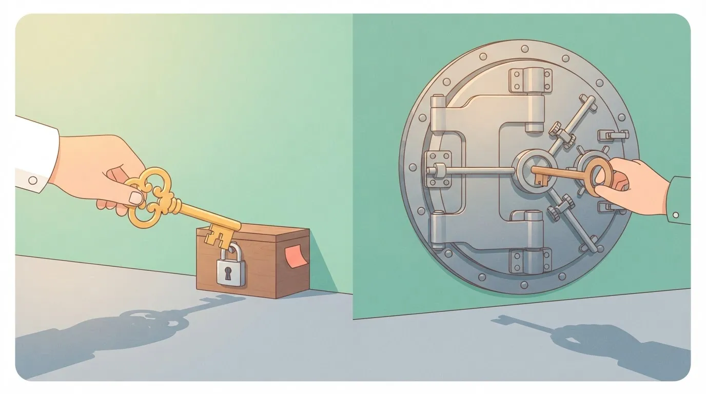 A large, ornate golden key being used to turn a tiny, simple padlock on a small box, while next to it, a plain wooden key…