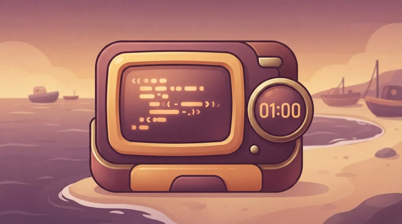 A simple script on a screen, represented by a few lines of code, next to a small digital clock showing exactly one hour has…