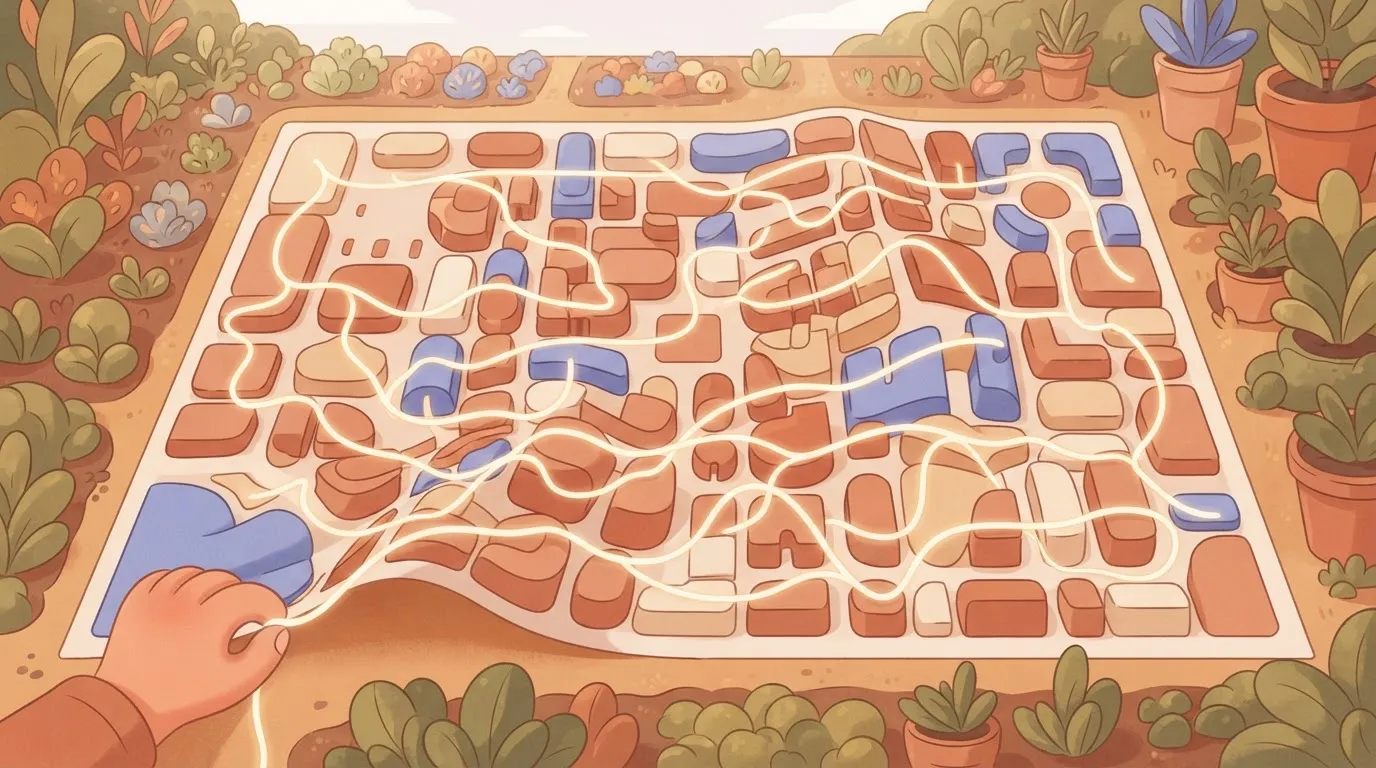 A large map of a city where every building is connected by a single, continuous glowing thread; a hand tugs at one corner…