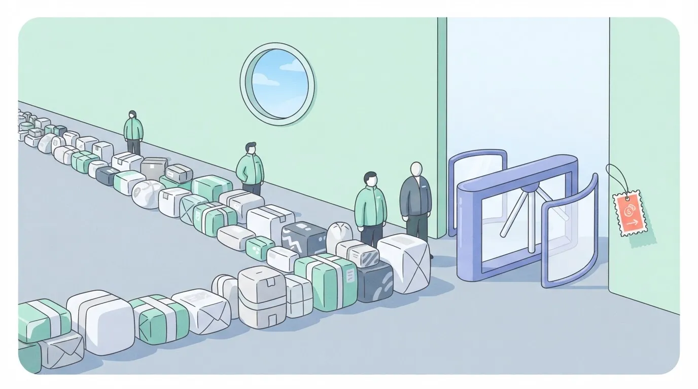 Tiny price tag beside a narrow gate with a long queue of parcels