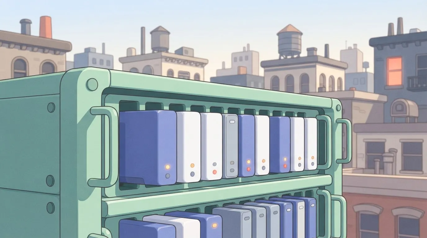 From paragraph 64: A close-up view of enterprise data storage arrays inside a server rack, showing a row of small…