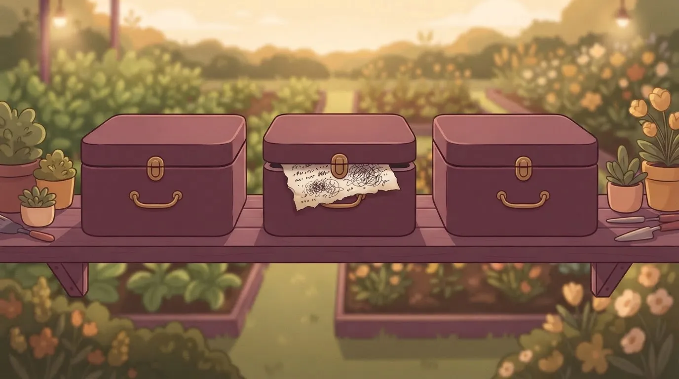 Three identical tidy boxes, one with guesswork inside