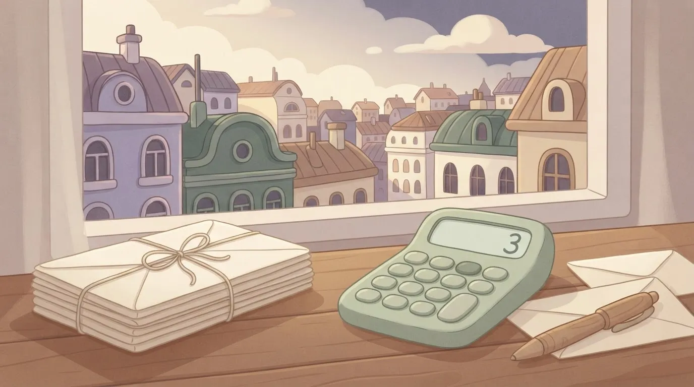 A physical stack of 100 envelopes sitting on a plain wooden desk next to a calculator showing the number three.