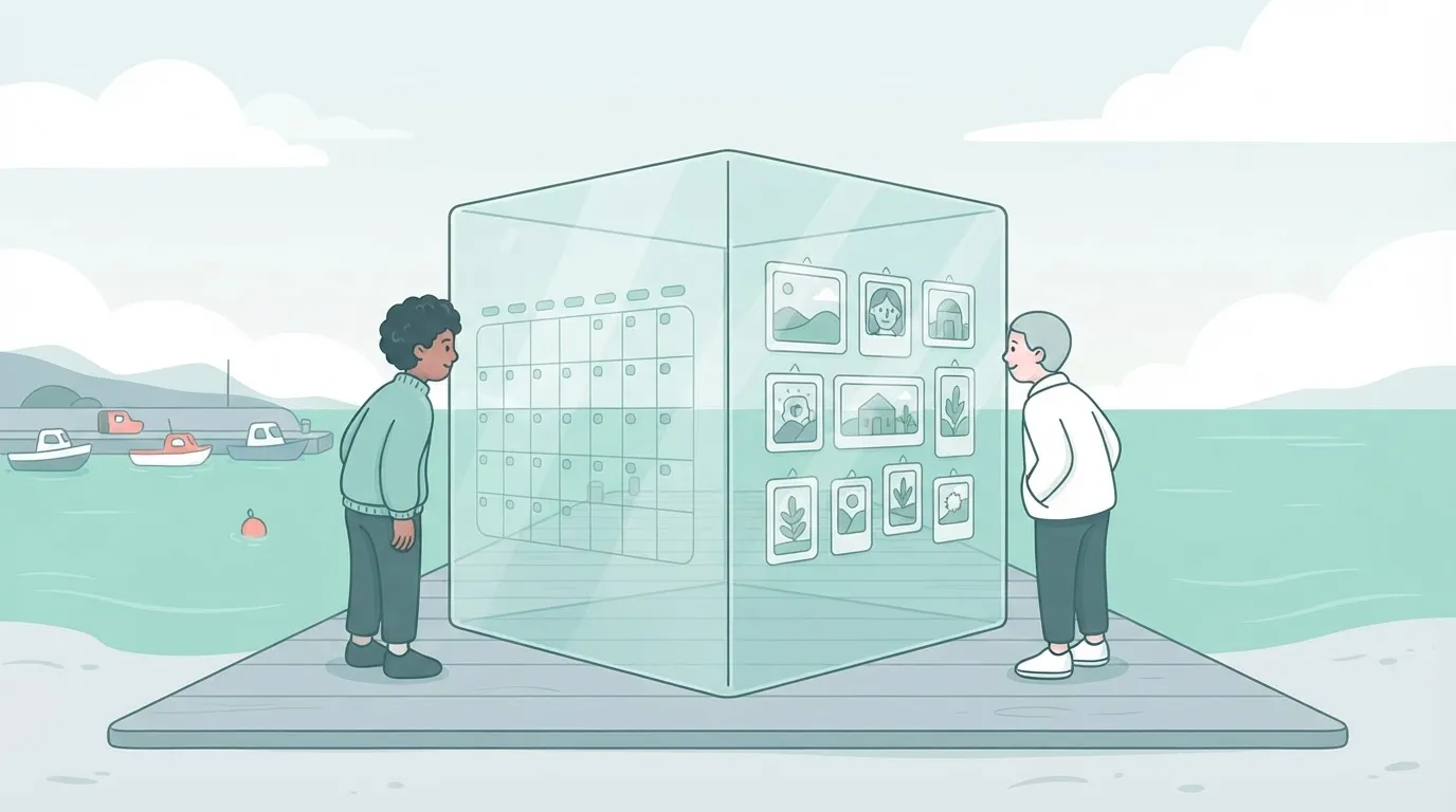 Two people standing on opposite sides of a large, transparent glass cube; one sees a calendar etched on their side, while…