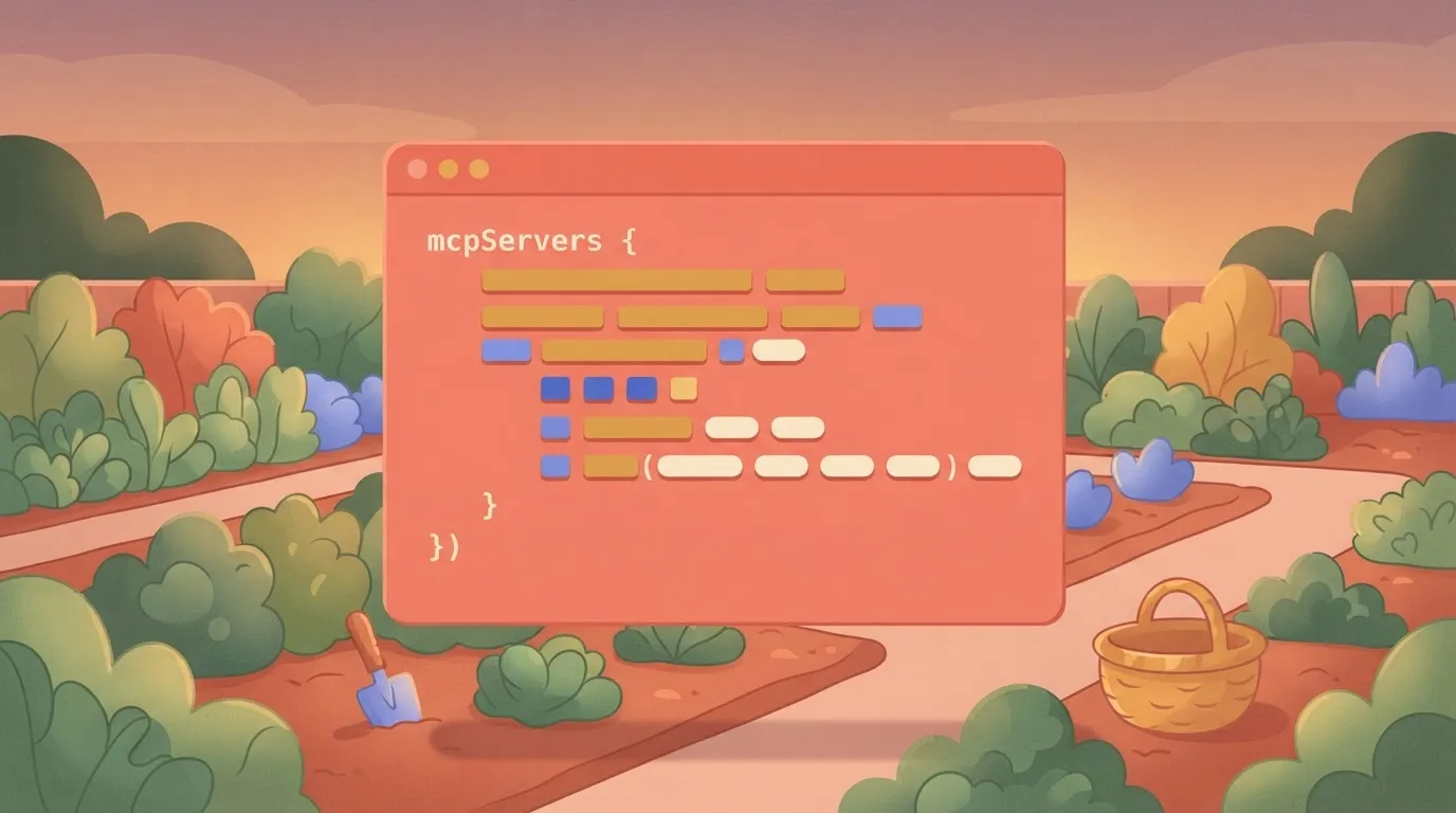 A plain text editor window displaying a configuration file with a block of code labeled 'mcpServers' containing a command…
