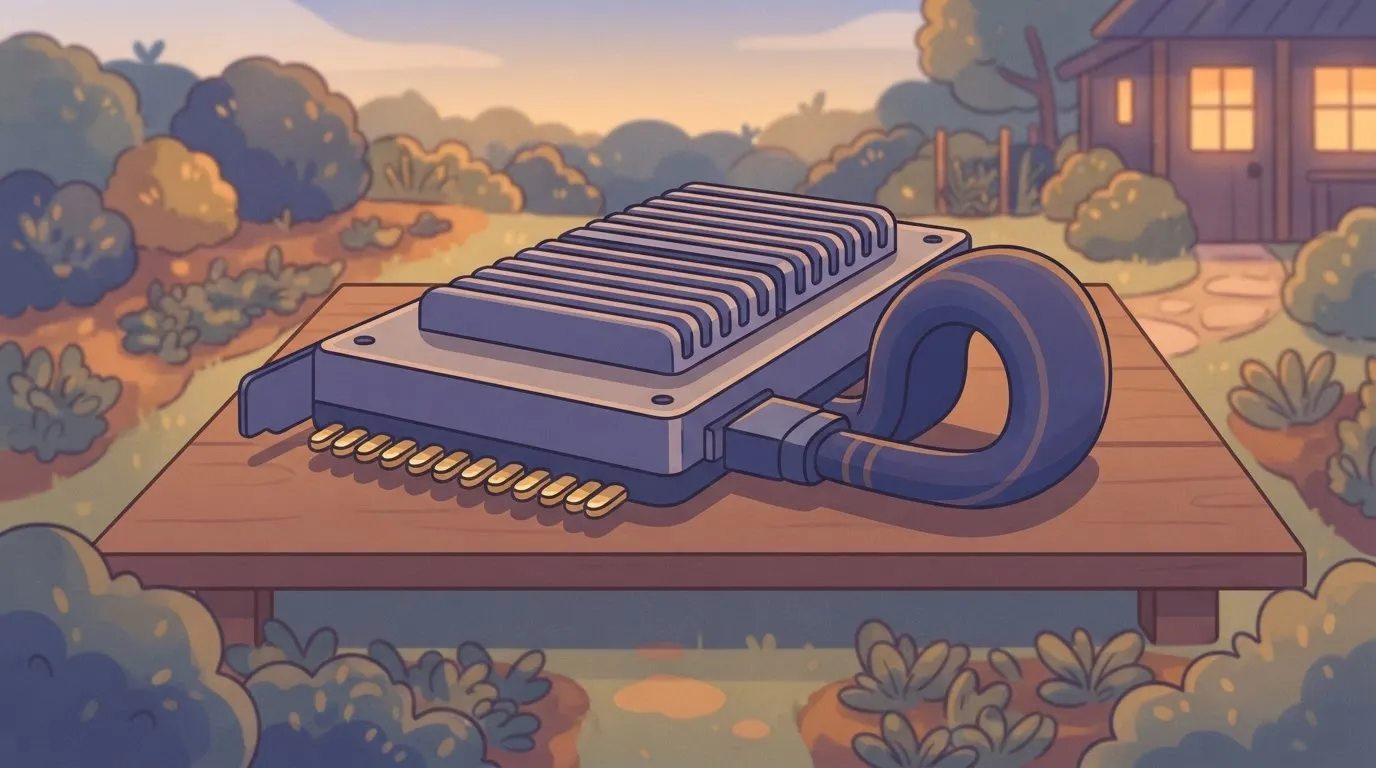 A rectangular H100 card with a visible heat sink and gold-plated pins sits on a flat surface, with a thick cable forming a…