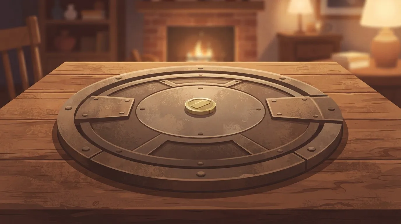 A single small coin on a table, which is actually the handle of a massive, heavy metal hatch covering the rest of the table…