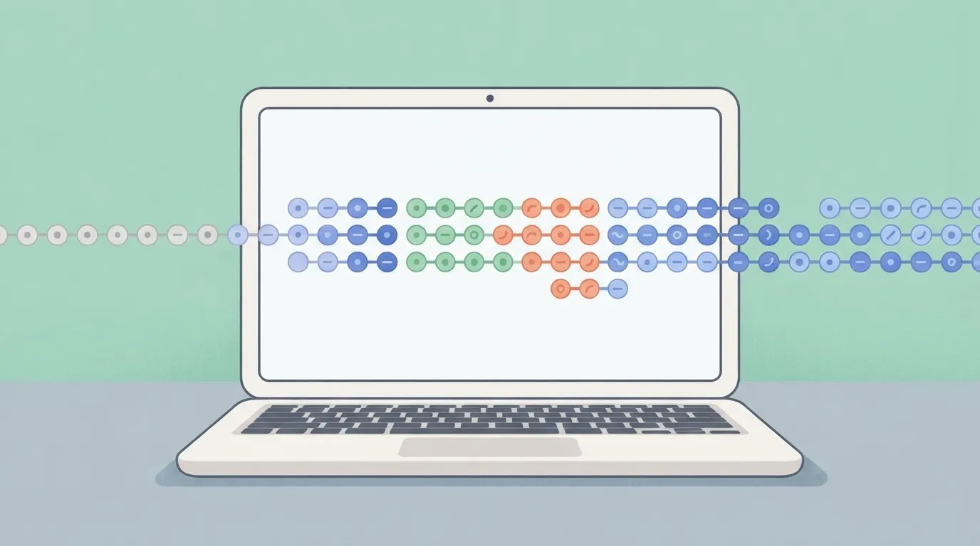 A laptop screen displays a visual environment showing a single execution path consisting of a long horizontal sequence of…