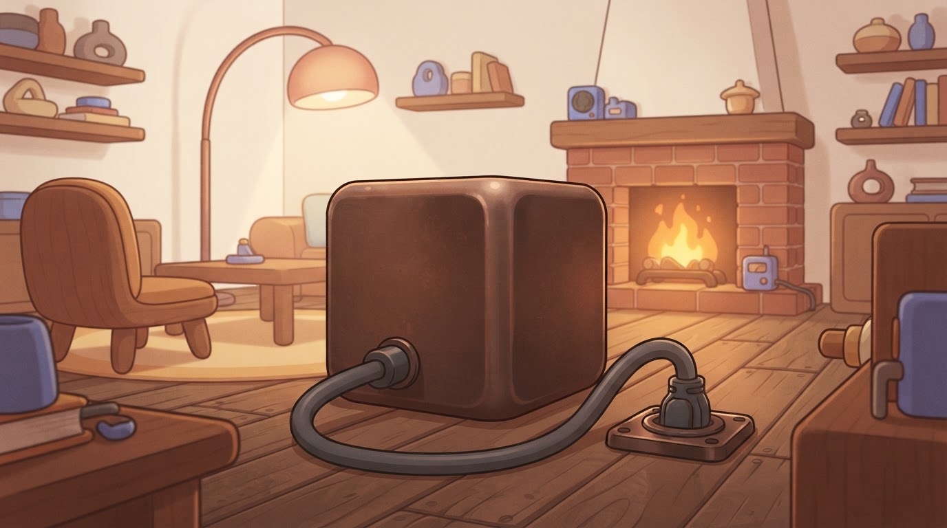 A large, heavy, solid metal cube sitting in the center of a room, with a thick industrial power cable plugged directly into…