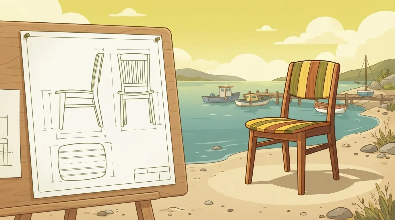 A blueprint for a simple wooden chair written in one visual style (clean lines) placed next to a finished chair built…
